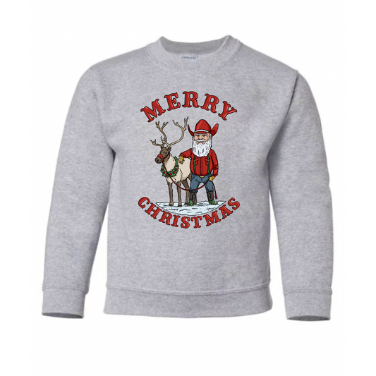 Merry Christmas Cowboy Santa Crewneck Sweatshirt (Youth) - Heather Grey