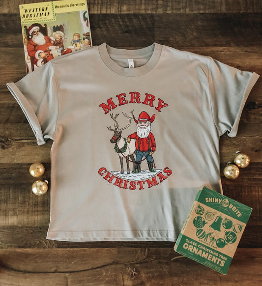 Merry Christmas Cowboy Santa Boxy Top Tee (Women's) - Storm