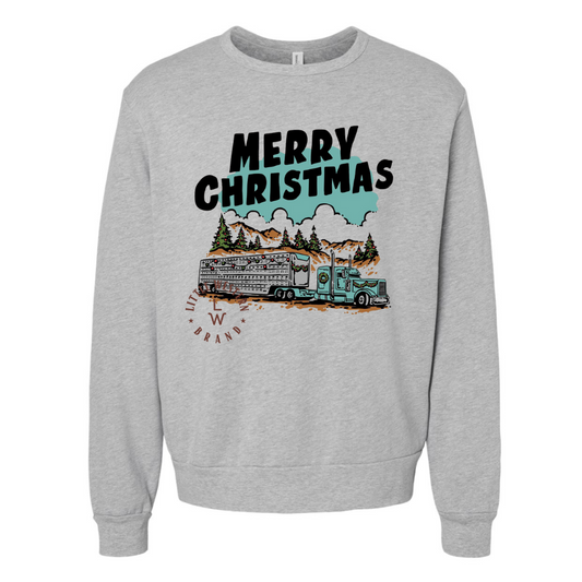 Merry Christmas Cattle Truck Sweatshirt (Adult) - Heather Grey