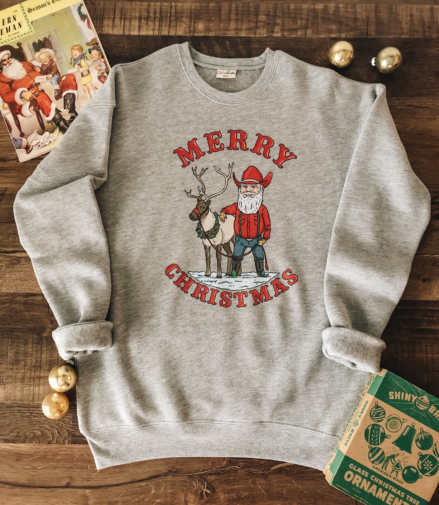 Merry Christmas Cowboy Santa Crewneck Sweatshirt (Adult) - Heather Grey