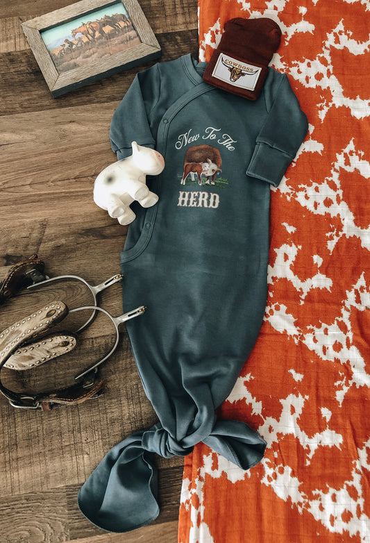 New to the Herd Hereford Infant Kimono Gown - Harbor