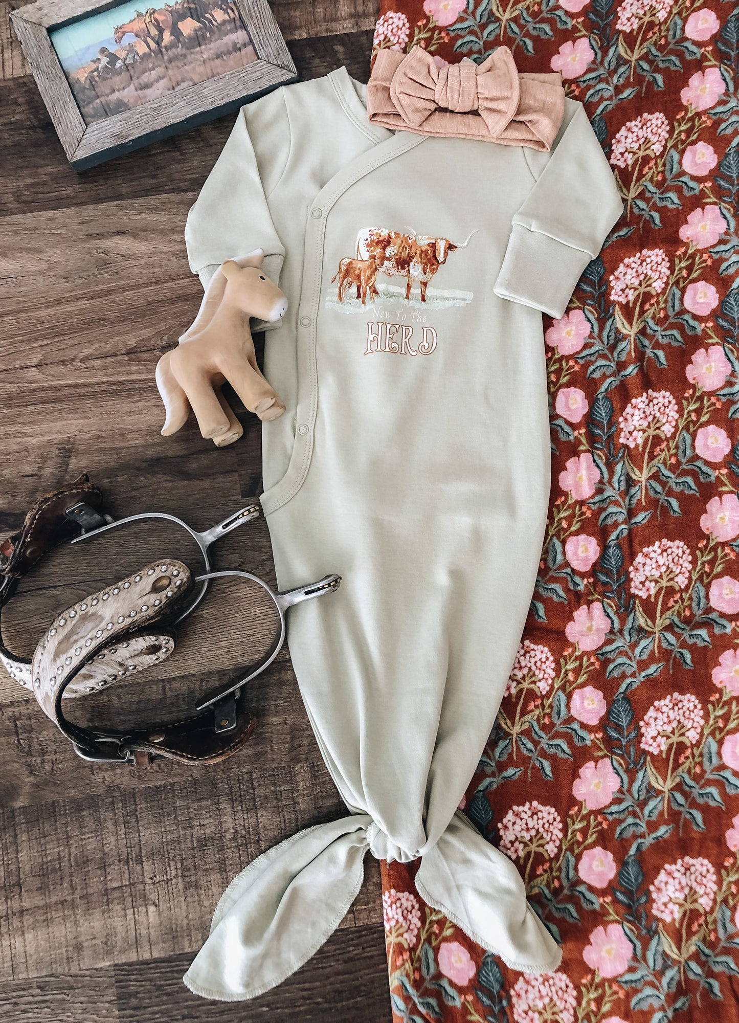New to the Herd Longhorn Kimono Infant Gown - Sage