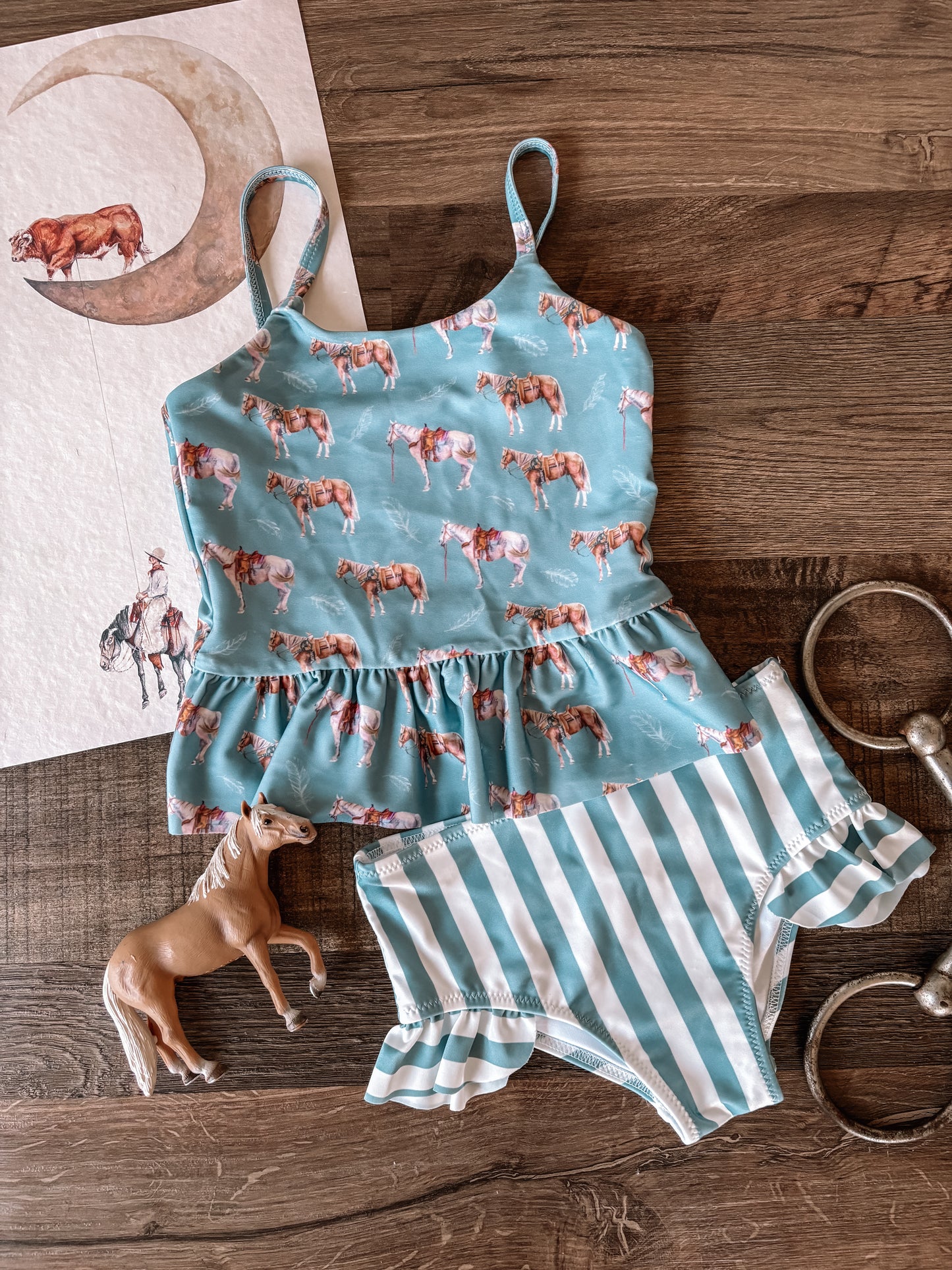 Ranch Horse Two-Piece Swimsuit (Baby, Toddler, & Youth) - Dusty Blue