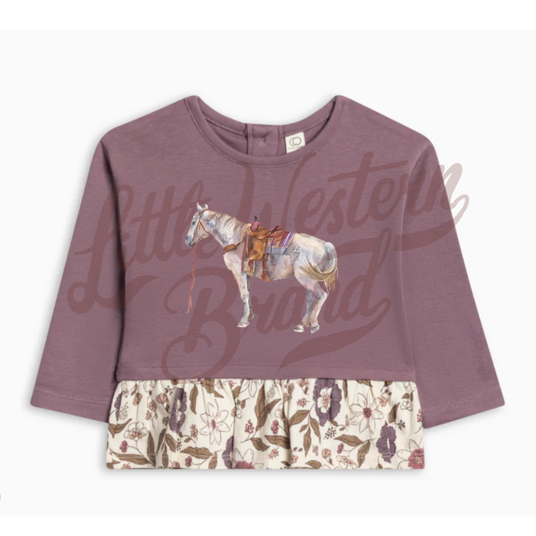 Ranch Horse Ruffle Hem Long Sleeve Top (Baby & Toddler) - Purple