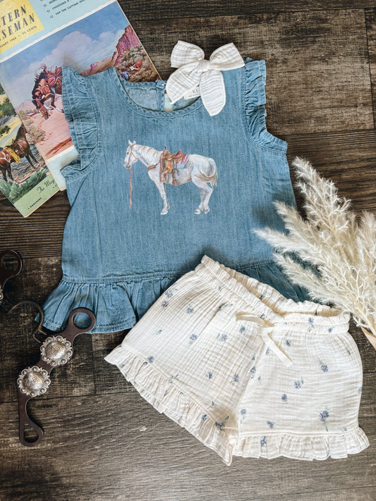 Ranch Horse Chambray Ruffle Hem Top (Baby & Toddler)