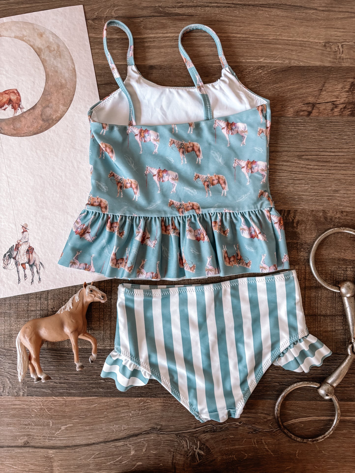 *Preorder* Ranch Horse Two-Piece Swimsuit (Baby, Toddler, & Youth) - Dusty Blue