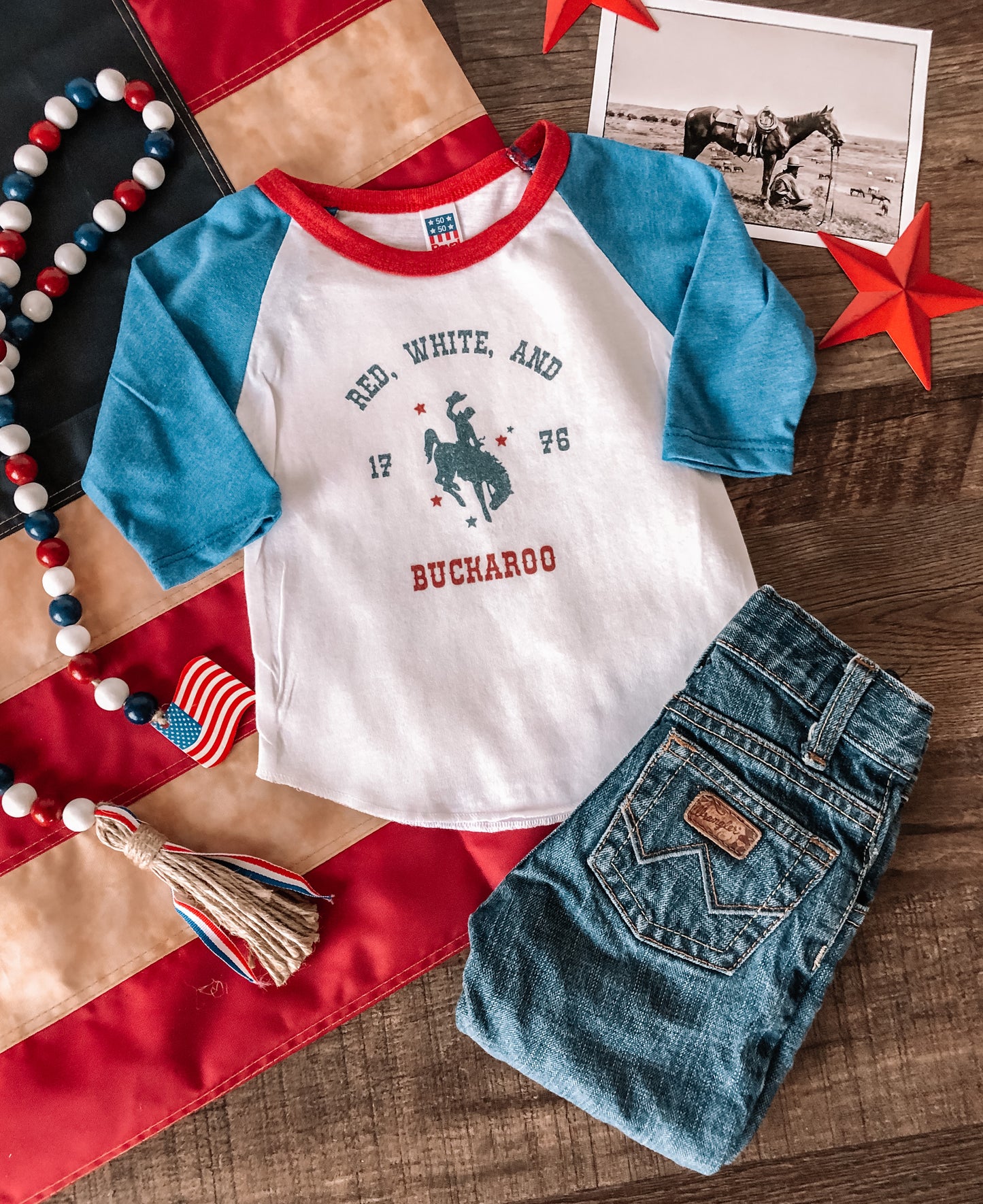 Red, White, & Buckaroo Americana 3/4 Sleeve Raglan Tee (6-12M, 18-24M, 4T)