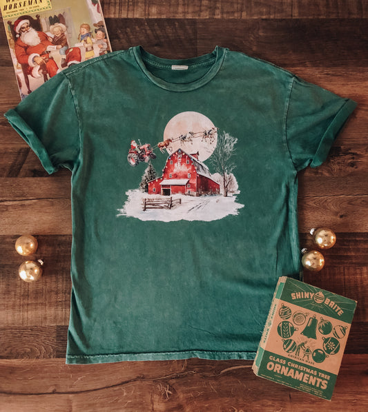 Santa on a Tractor Tee (Adult) - Stone Wash Green