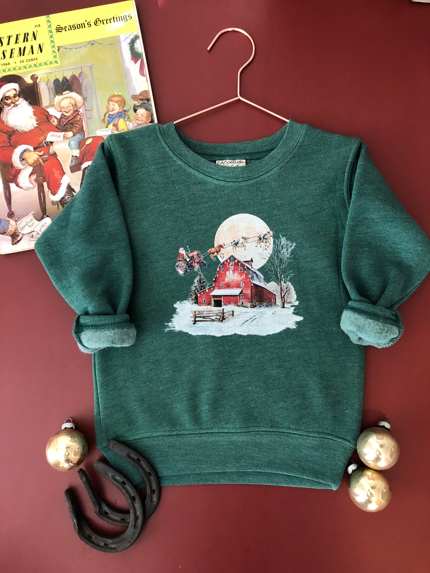 Santa on a Tractor Crewneck Sweatshirt (Toddler) - Heather Forest