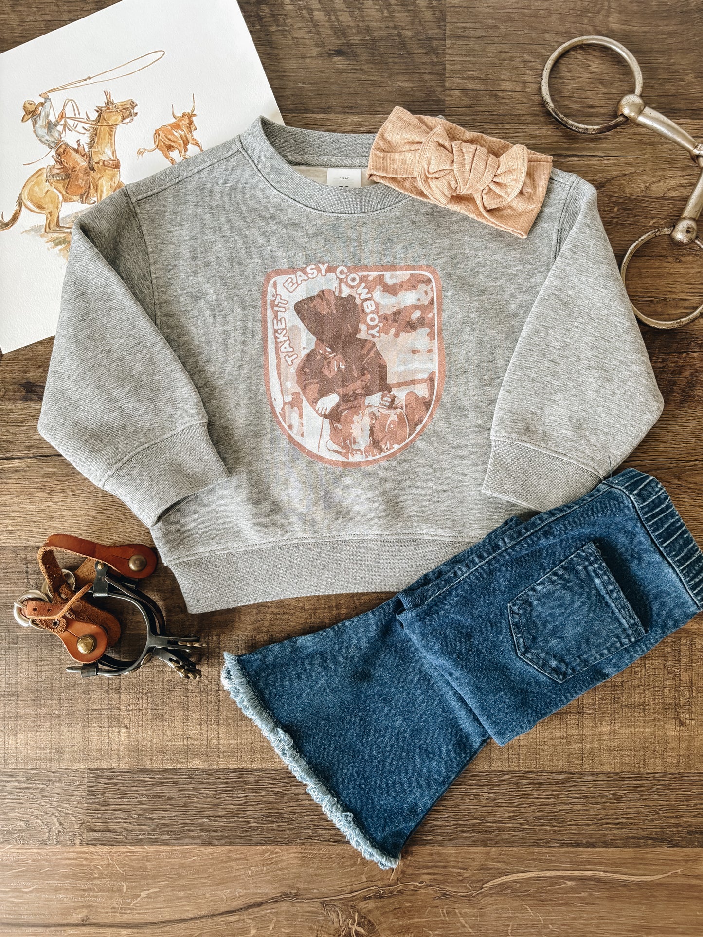 Take It Easy Cowboy Crewneck Sweatshirt (Toddler & Youth) - Heather Grey