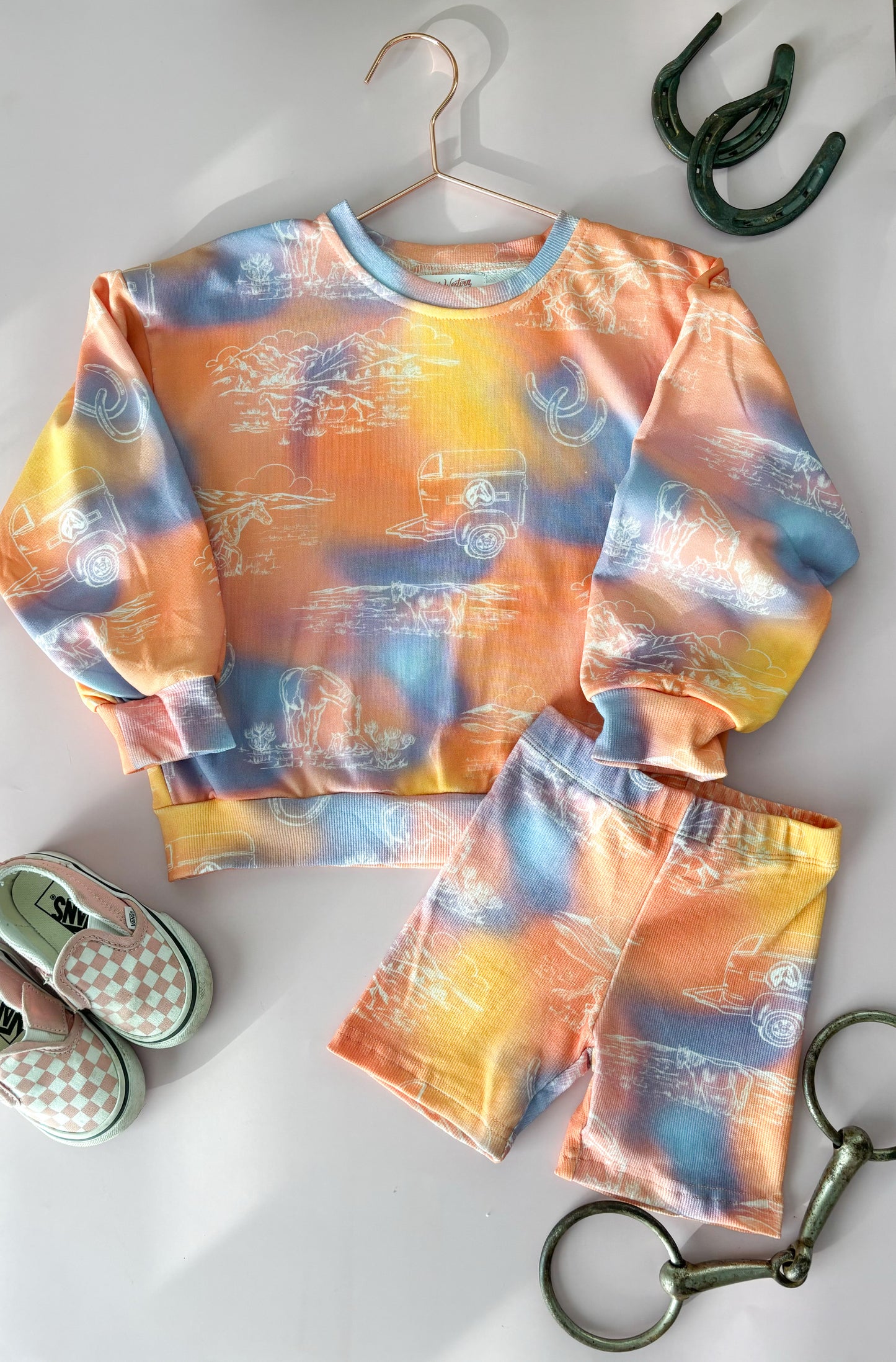 Sunset Cowgirl Tie-Dye Pullover and Shorts Set (Baby, Toddler & Youth)