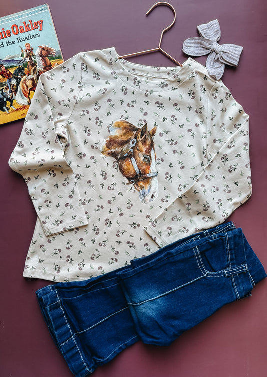 Watercolor Horse Floral Top (Baby & Toddler) - Purple + Olive