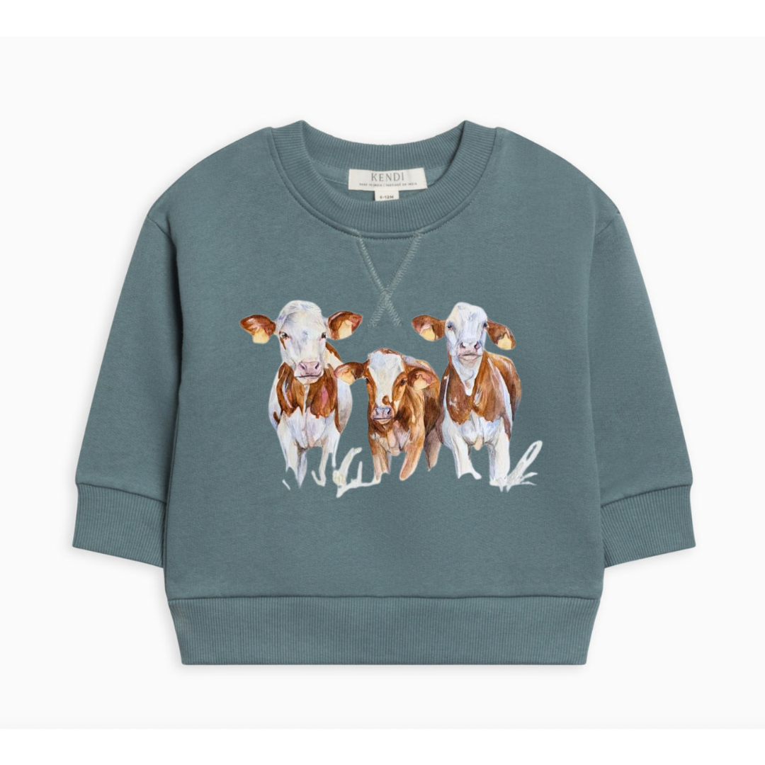 Watercolor Calves Crewneck Sweatshirt (Baby & Toddler) - Teal