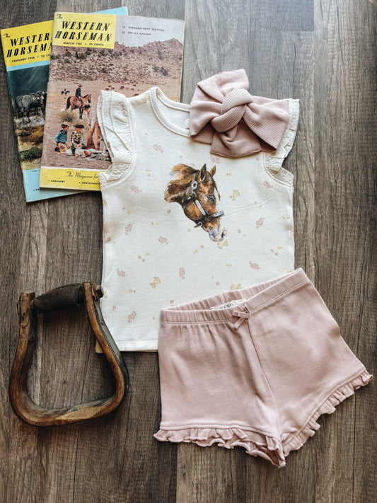 Watercolor Horse Floral Ribbed Tank with Eyelet Ruffle (Baby & Toddler) - Floral