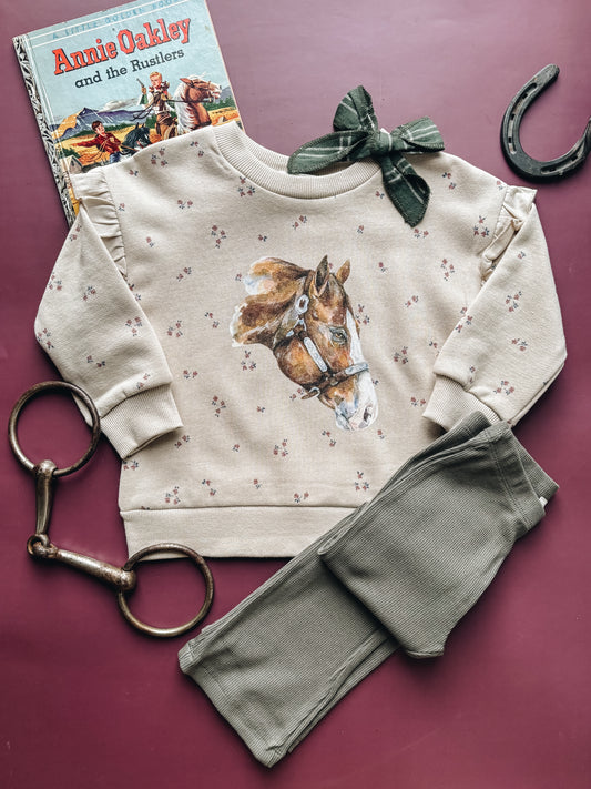 Watercolor Horse Head Crewneck Ruffle Sweatshirt (Baby & Toddler) - Floral/Ivory