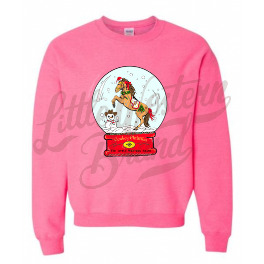 Cowgirl Snow Globe Crewneck Sweatshirt (Adult) - Safety Pink
