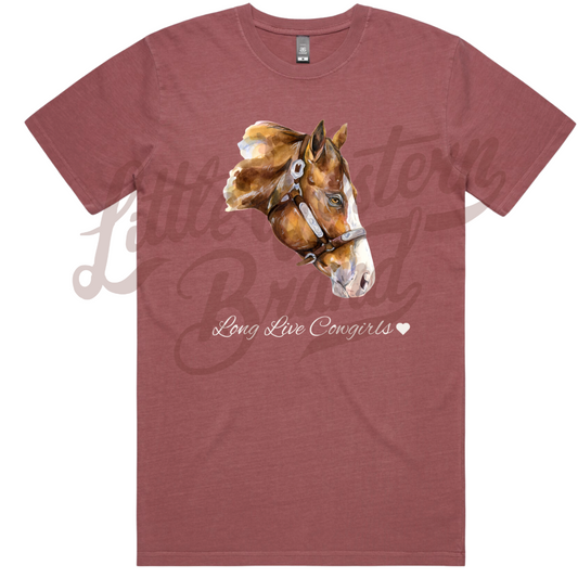 Long Live Cowgirls Watercolor Horse Tee (Adult Small, Large, & XL) - Faded Berry