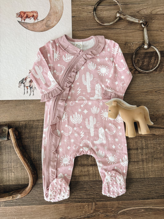 Wild West Pink Ruffle Zipper Romper (Baby)