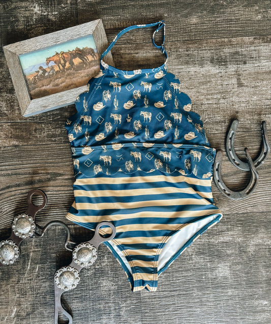 All Things Western One-Piece Scalloped Swimsuit (Baby, Toddler, & Youth) - Navy Blue
