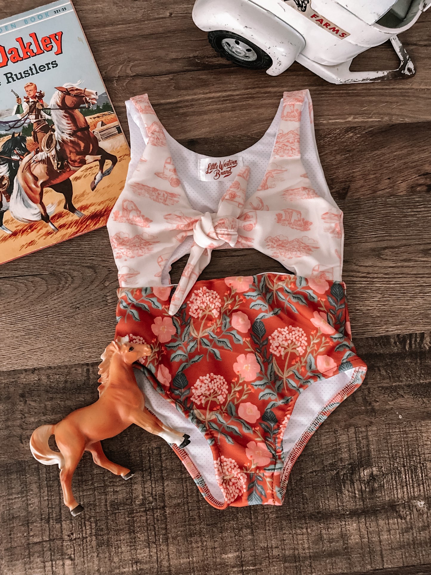 Horses and Floral Cut-Out Swimsuit - Cream & Brown