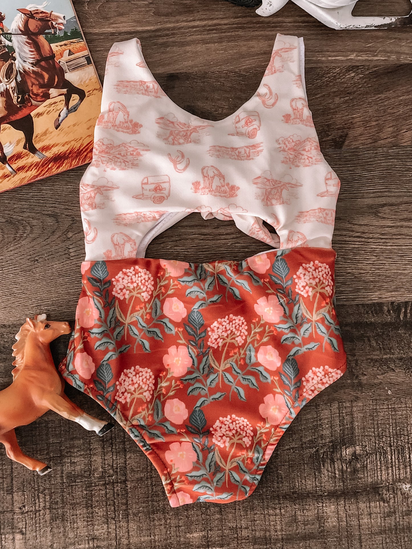 Horses and Floral Cut-Out Swimsuit - Cream & Brown