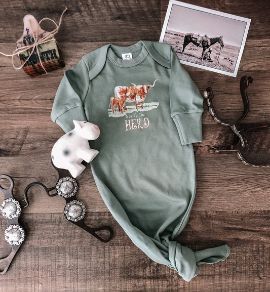 New To The Herd Longhorn Infant Gown - Thyme