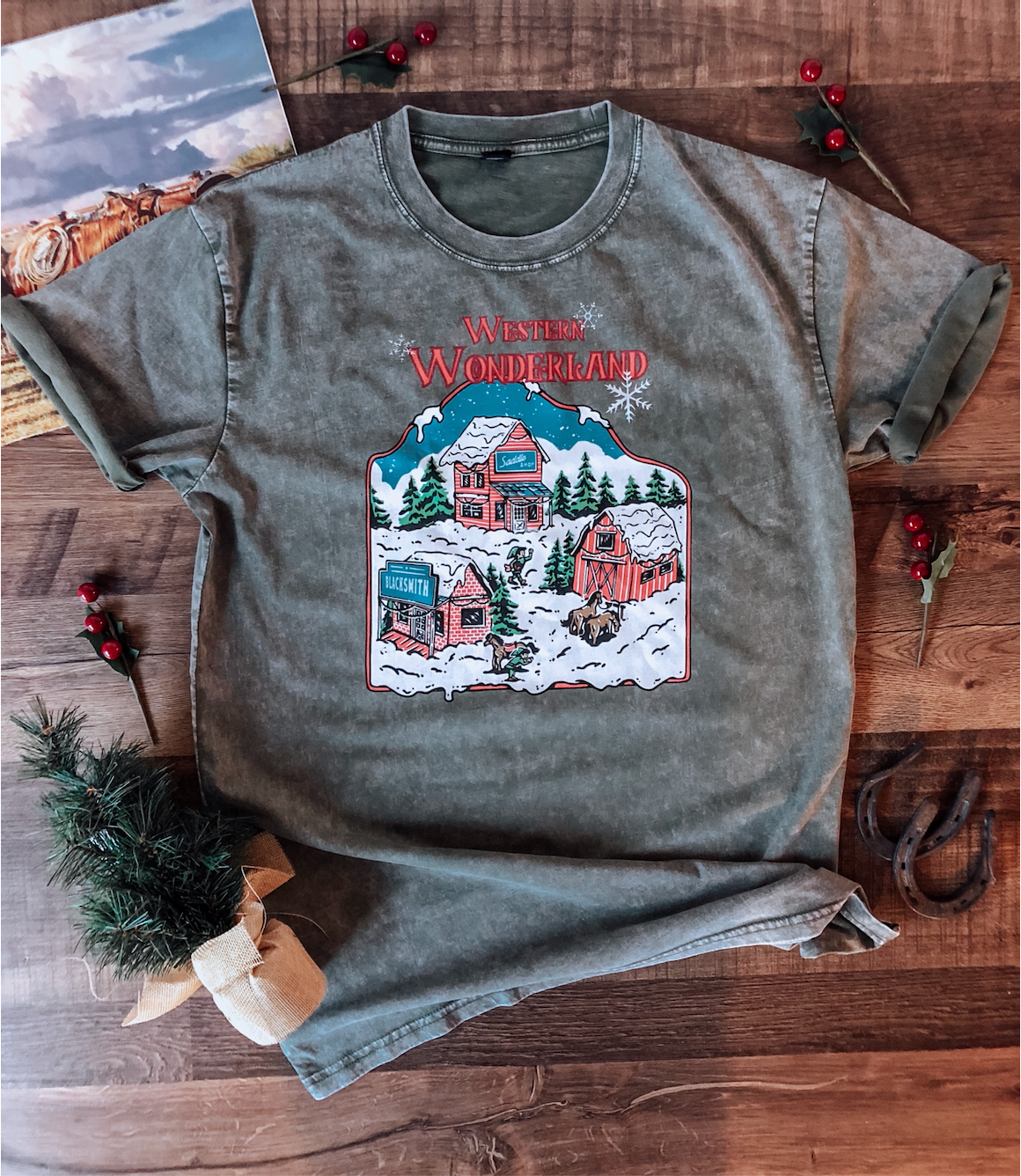 Western Wonderland tee (Adult) - Stone wash green